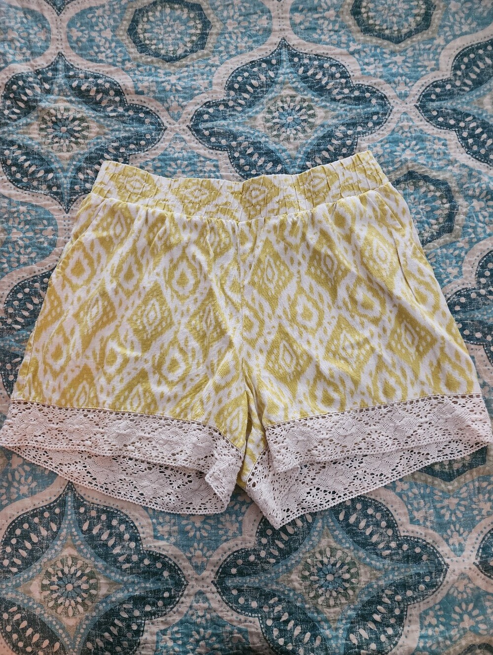 Calligraphe Linen Blend Chrochet Hem Ikat Style Print  Chartruse Yellow Shorts